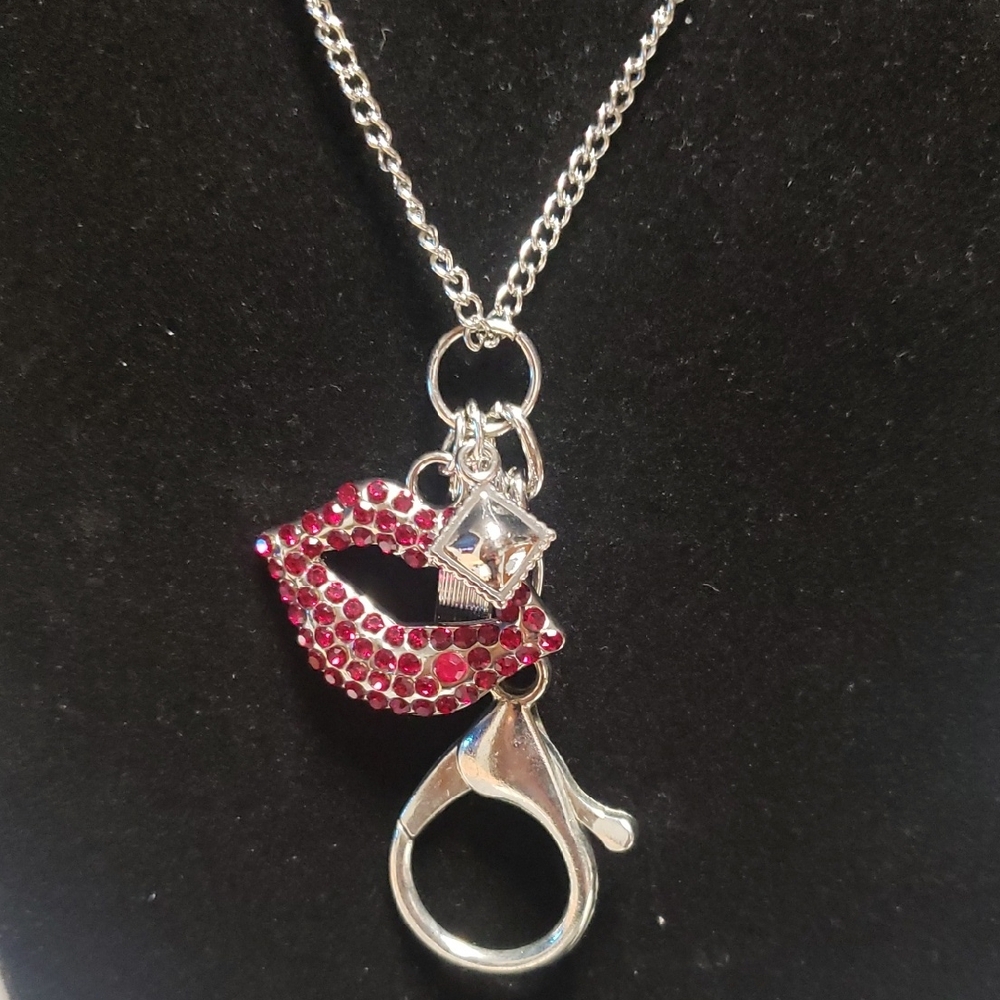 Elegant Silver and Red Lip Charm Necklace